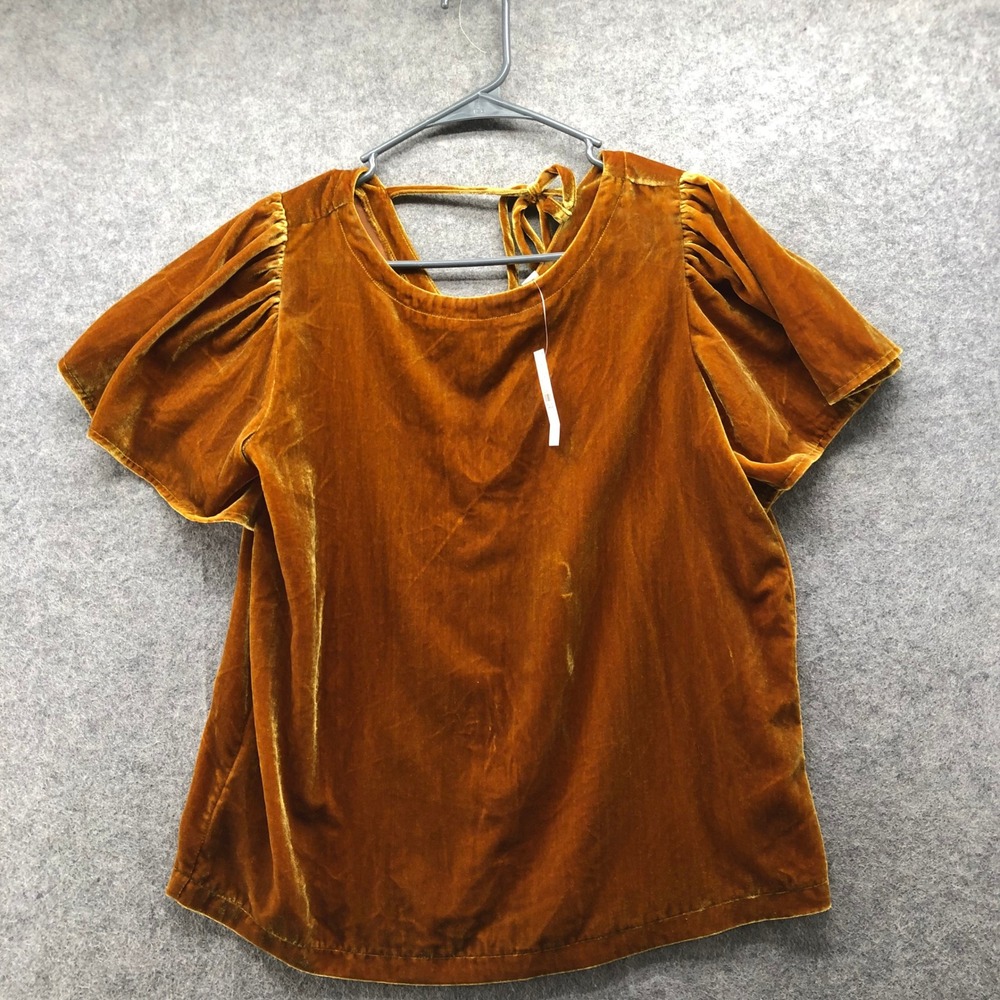 NWT LOFT Velvet Tie Back Puff Sleeve Blouse Womens S Gold Mustard Holiday Top